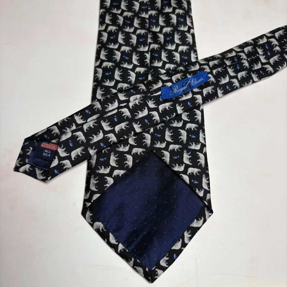 Royal Classic Silk Necktie Black Polar Bear Fish Pattern Animals Winter USA Made